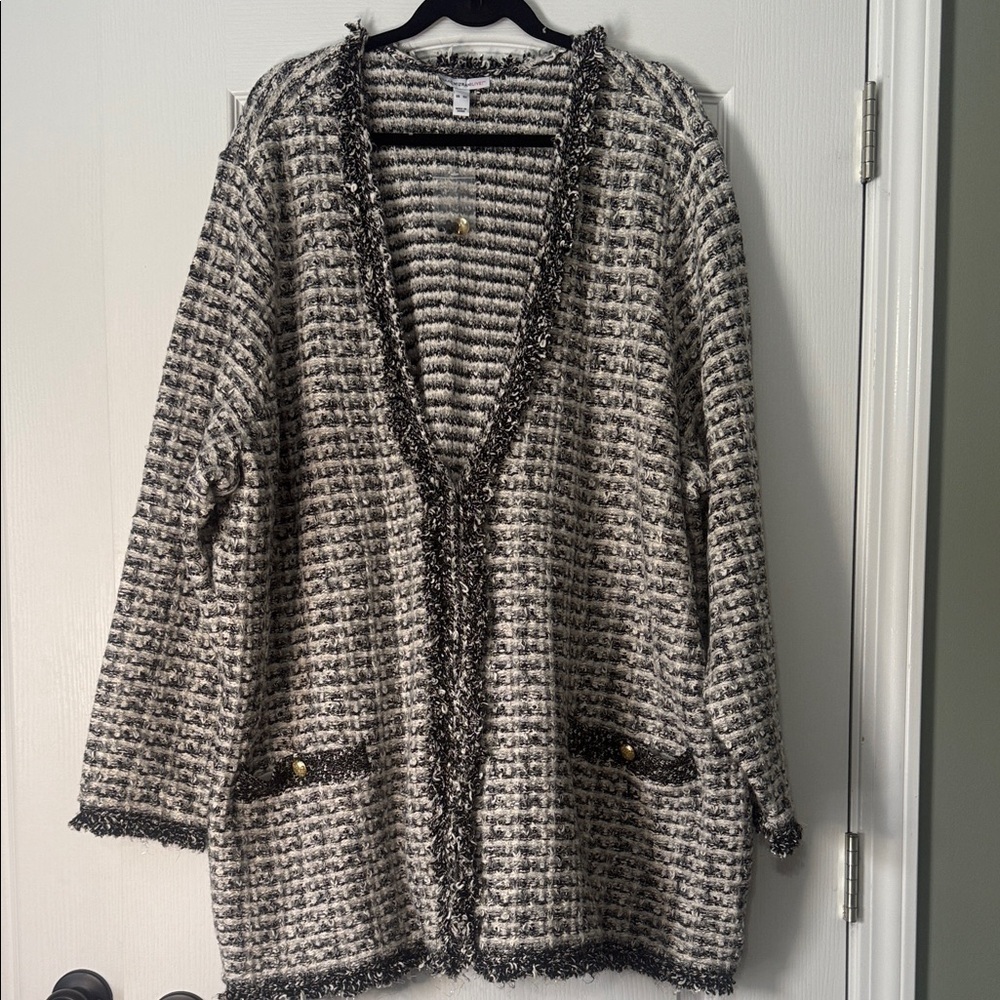 Isaac Mizrahi Live Tweed Fringe Trim Jacket Black and White Size 5X